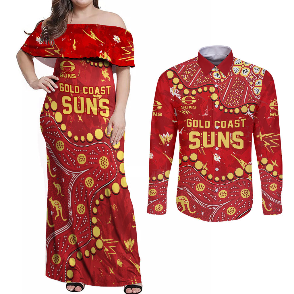 Personalized Gold Coast Suns Couples Matching Off Shoulder Maxi Dress and Long Sleeve Button Shirt Aboriginal Pattern with Graffiti Style