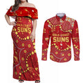 Personalized Gold Coast Suns Couples Matching Off Shoulder Maxi Dress and Long Sleeve Button Shirt Aboriginal Pattern with Graffiti Style