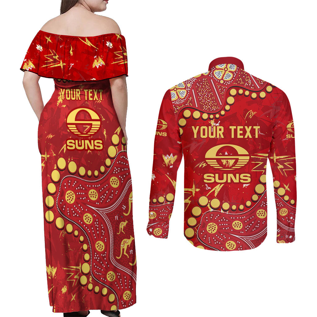 Personalized Gold Coast Suns Couples Matching Off Shoulder Maxi Dress and Long Sleeve Button Shirt Aboriginal Pattern with Graffiti Style