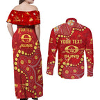 Personalized Gold Coast Suns Couples Matching Off Shoulder Maxi Dress and Long Sleeve Button Shirt Aboriginal Pattern with Graffiti Style