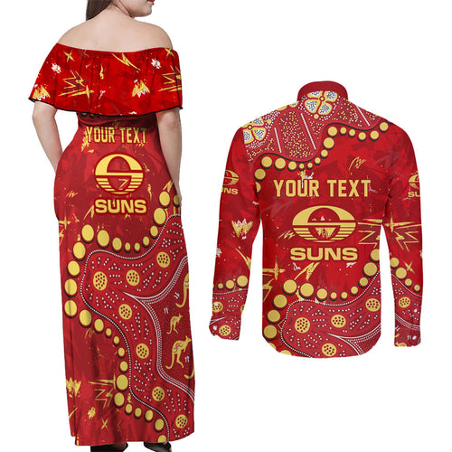 Personalized Gold Coast Suns Couples Matching Off Shoulder Maxi Dress and Long Sleeve Button Shirt Aboriginal Pattern with Graffiti Style