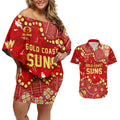 Personalized Gold Coast Suns Couples Matching Off Shoulder Short Dress and Hawaiian Shirt Aboriginal Pattern with Graffiti Style