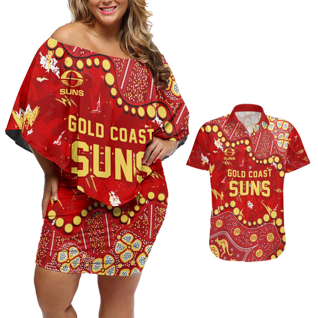 Personalized Gold Coast Suns Couples Matching Off Shoulder Short Dress and Hawaiian Shirt Aboriginal Pattern with Graffiti Style