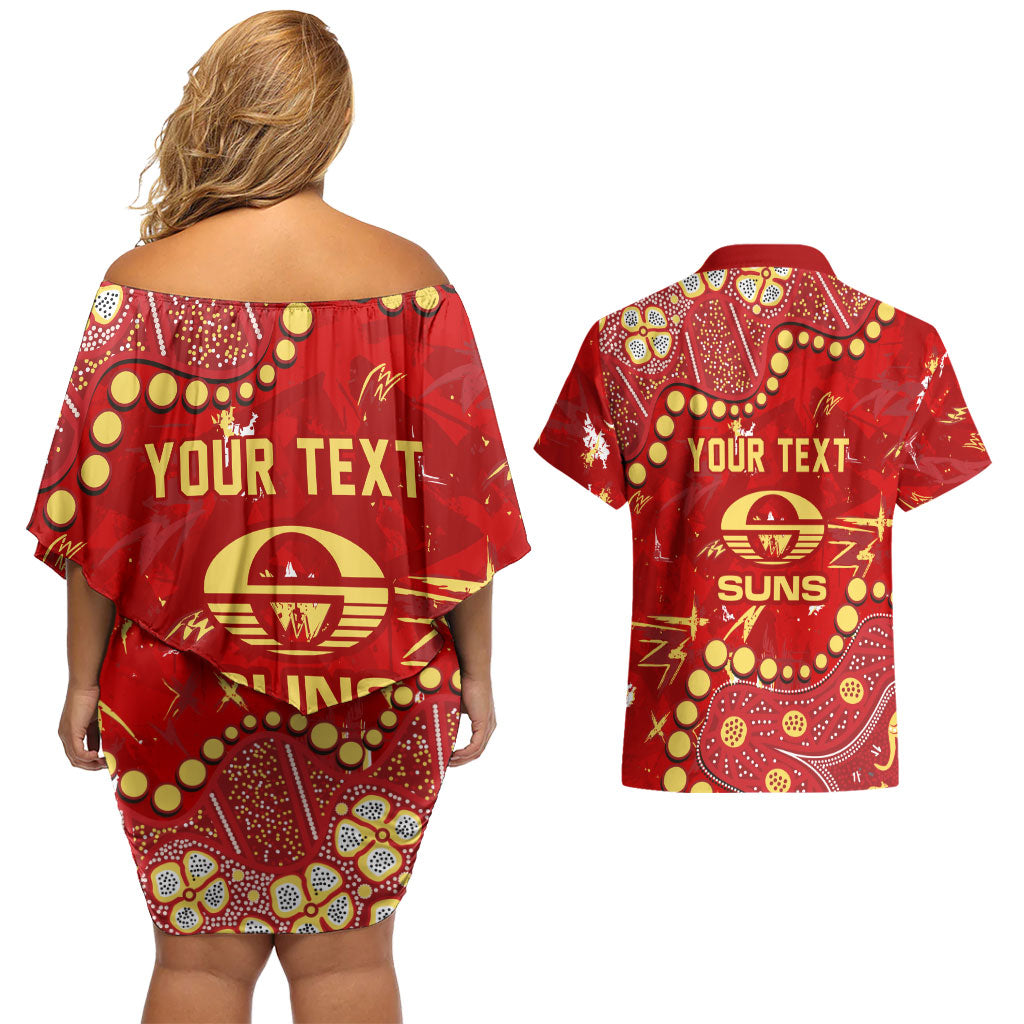 Personalized Gold Coast Suns Couples Matching Off Shoulder Short Dress and Hawaiian Shirt Aboriginal Pattern with Graffiti Style