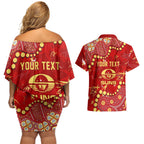Personalized Gold Coast Suns Couples Matching Off Shoulder Short Dress and Hawaiian Shirt Aboriginal Pattern with Graffiti Style