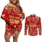 Personalized Gold Coast Suns Couples Matching Off Shoulder Short Dress and Long Sleeve Button Shirt Aboriginal Pattern with Graffiti Style