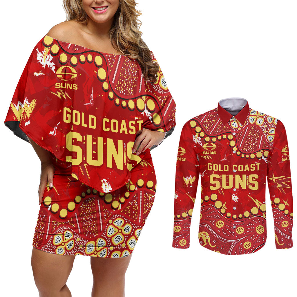 Personalized Gold Coast Suns Couples Matching Off Shoulder Short Dress and Long Sleeve Button Shirt Aboriginal Pattern with Graffiti Style