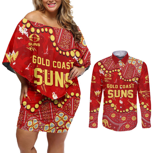 Personalized Gold Coast Suns Couples Matching Off Shoulder Short Dress and Long Sleeve Button Shirt Aboriginal Pattern with Graffiti Style