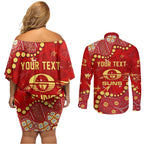 Personalized Gold Coast Suns Couples Matching Off Shoulder Short Dress and Long Sleeve Button Shirt Aboriginal Pattern with Graffiti Style
