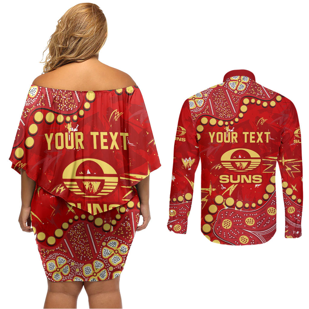 Personalized Gold Coast Suns Couples Matching Off Shoulder Short Dress and Long Sleeve Button Shirt Aboriginal Pattern with Graffiti Style
