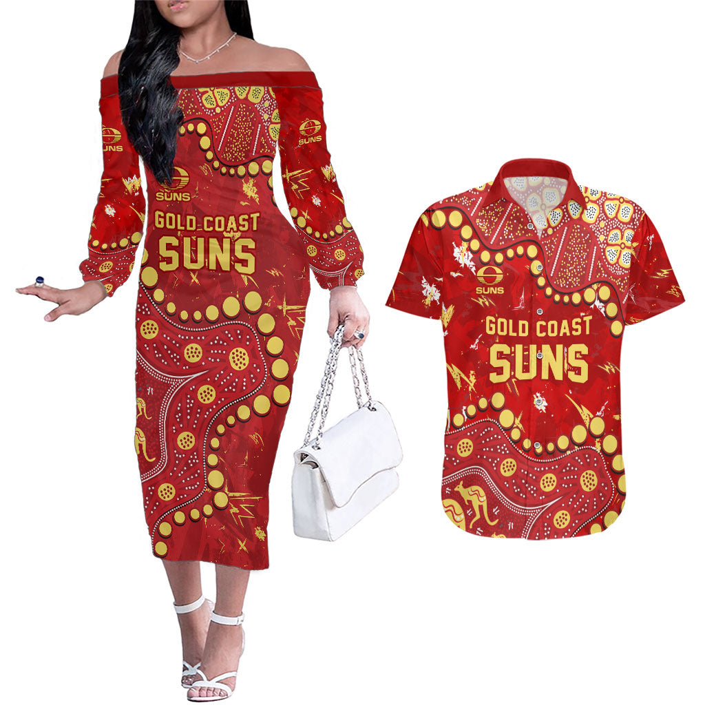 Personalized Gold Coast Suns Couples Matching Off The Shoulder Long Sleeve Dress and Hawaiian Shirt Aboriginal Pattern with Graffiti Style