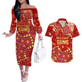 Personalized Gold Coast Suns Couples Matching Off The Shoulder Long Sleeve Dress and Hawaiian Shirt Aboriginal Pattern with Graffiti Style