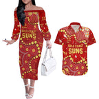 Personalized Gold Coast Suns Couples Matching Off The Shoulder Long Sleeve Dress and Hawaiian Shirt Aboriginal Pattern with Graffiti Style