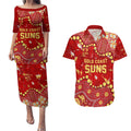 Personalized Gold Coast Suns Couples Matching Puletasi and Hawaiian Shirt Aboriginal Pattern with Graffiti Style