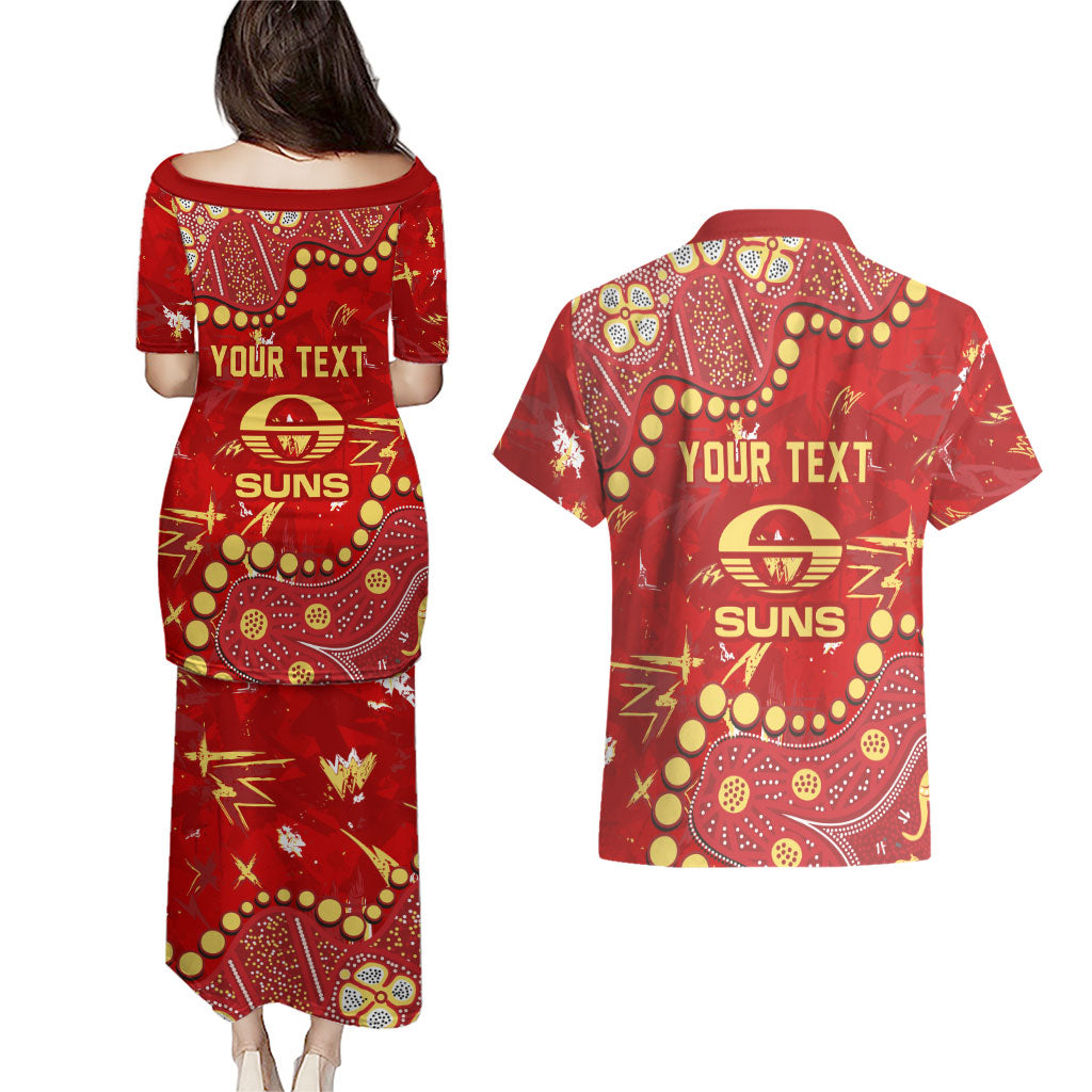 Personalized Gold Coast Suns Couples Matching Puletasi and Hawaiian Shirt Aboriginal Pattern with Graffiti Style