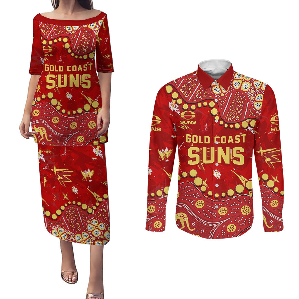 Personalized Gold Coast Suns Couples Matching Puletasi and Long Sleeve Button Shirt Aboriginal Pattern with Graffiti Style
