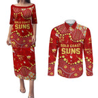 Personalized Gold Coast Suns Couples Matching Puletasi and Long Sleeve Button Shirt Aboriginal Pattern with Graffiti Style