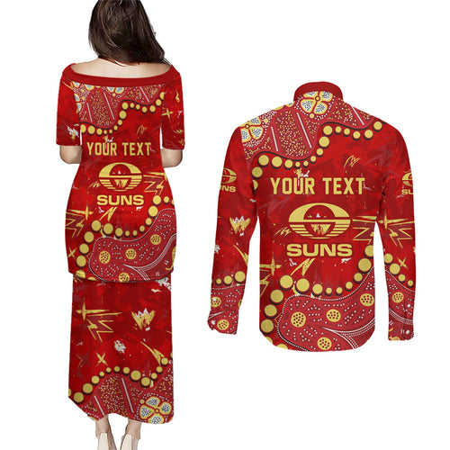 Personalized Gold Coast Suns Couples Matching Puletasi and Long Sleeve Button Shirt Aboriginal Pattern with Graffiti Style