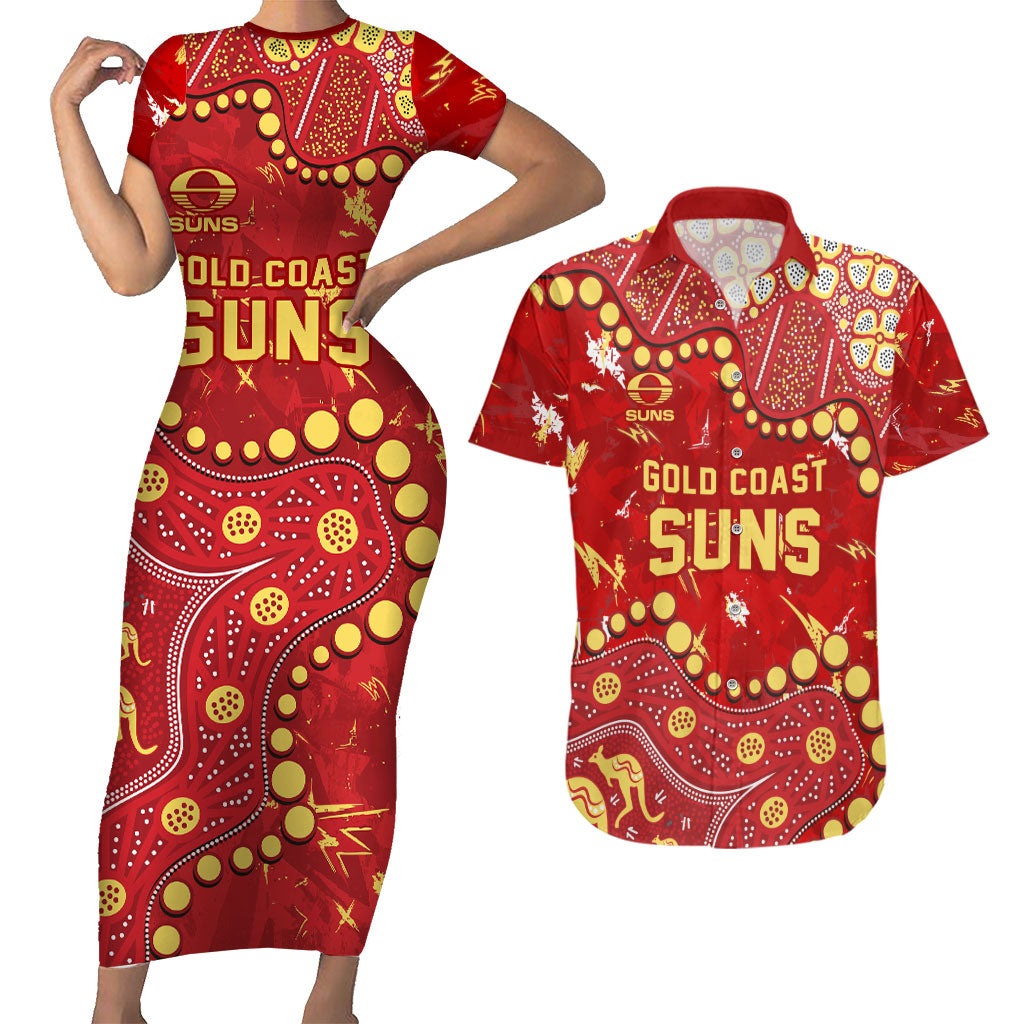 Personalized Gold Coast Suns Couples Matching Short Sleeve Bodycon Dress and Hawaiian Shirt Aboriginal Pattern with Graffiti Style