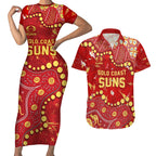 Personalized Gold Coast Suns Couples Matching Short Sleeve Bodycon Dress and Hawaiian Shirt Aboriginal Pattern with Graffiti Style