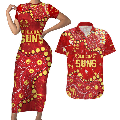 Personalized Gold Coast Suns Couples Matching Short Sleeve Bodycon Dress and Hawaiian Shirt Aboriginal Pattern with Graffiti Style