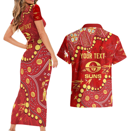 Personalized Gold Coast Suns Couples Matching Short Sleeve Bodycon Dress and Hawaiian Shirt Aboriginal Pattern with Graffiti Style