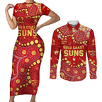 Personalized Gold Coast Suns Couples Matching Short Sleeve Bodycon Dress and Long Sleeve Button Shirt Aboriginal Pattern with Graffiti Style