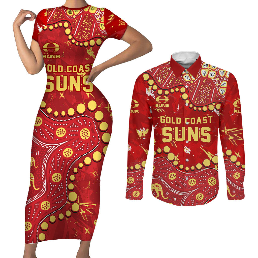 Personalized Gold Coast Suns Couples Matching Short Sleeve Bodycon Dress and Long Sleeve Button Shirt Aboriginal Pattern with Graffiti Style
