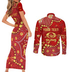 Personalized Gold Coast Suns Couples Matching Short Sleeve Bodycon Dress and Long Sleeve Button Shirt Aboriginal Pattern with Graffiti Style