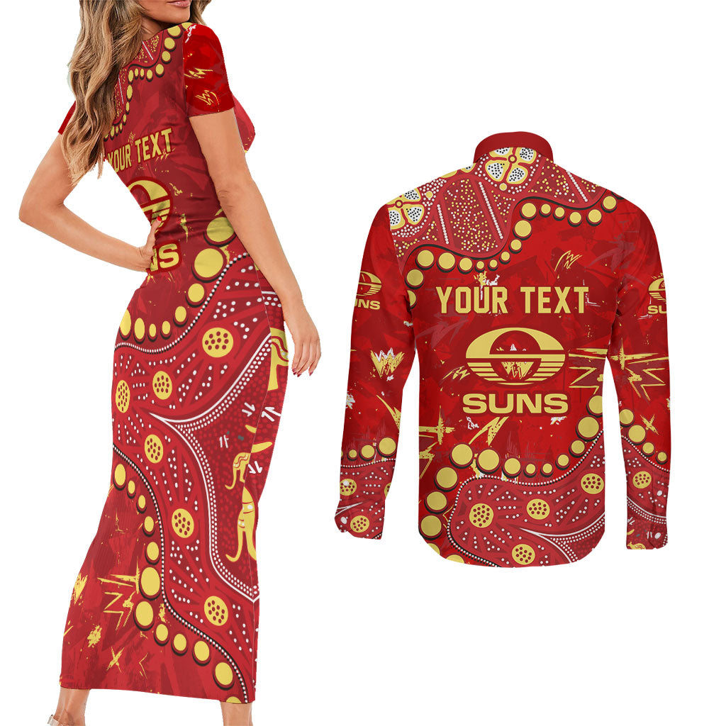 Personalized Gold Coast Suns Couples Matching Short Sleeve Bodycon Dress and Long Sleeve Button Shirt Aboriginal Pattern with Graffiti Style