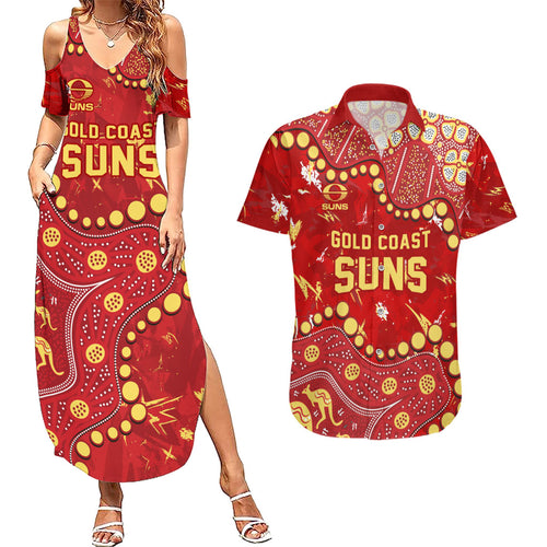 Personalized Gold Coast Suns Couples Matching Summer Maxi Dress and Hawaiian Shirt Aboriginal Pattern with Graffiti Style