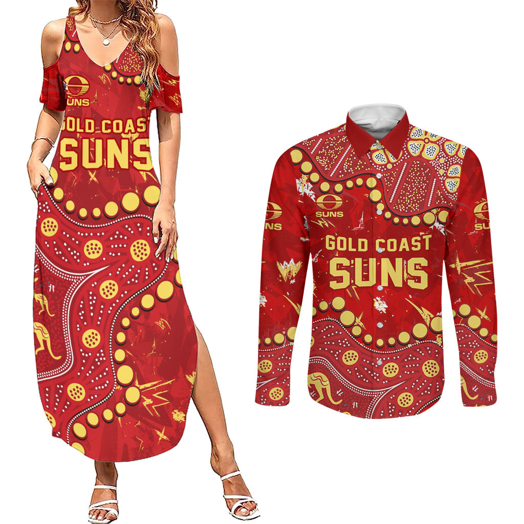 Personalized Gold Coast Suns Couples Matching Summer Maxi Dress and Long Sleeve Button Shirt Aboriginal Pattern with Graffiti Style