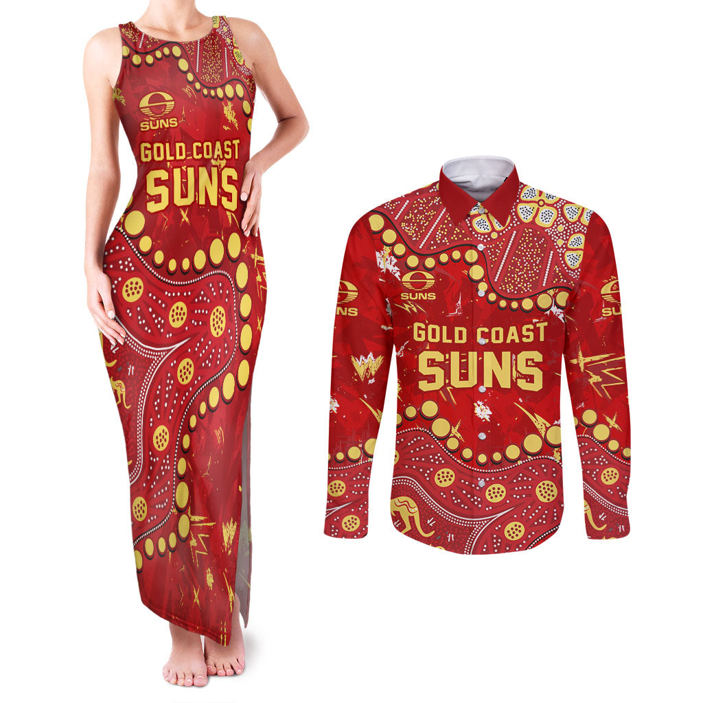 Personalized Gold Coast Suns Couples Matching Tank Maxi Dress and Long Sleeve Button Shirt Aboriginal Pattern with Graffiti Style