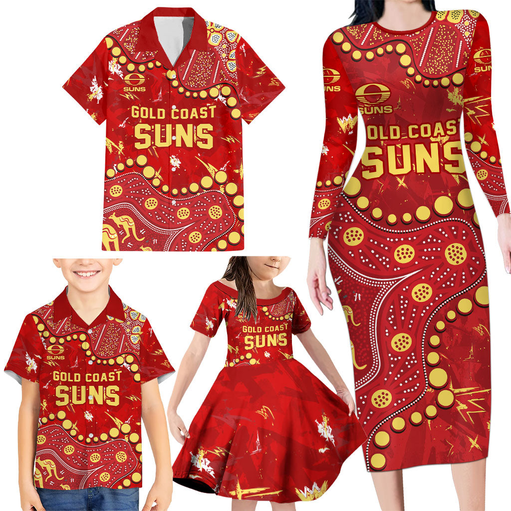 Personalized Gold Coast Suns Family Matching Long Sleeve Bodycon Dress and Hawaiian Shirt Aboriginal Pattern with Graffiti Style