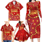 Personalized Gold Coast Suns Family Matching Long Sleeve Bodycon Dress and Hawaiian Shirt Aboriginal Pattern with Graffiti Style