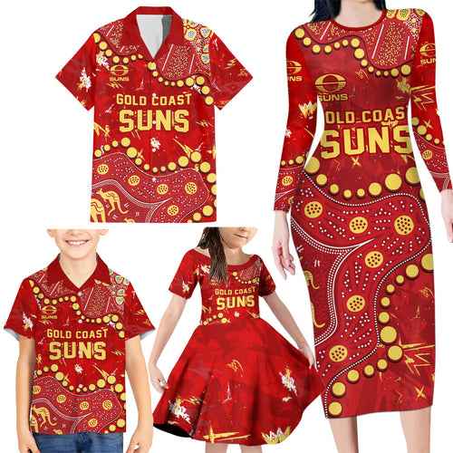 Personalized Gold Coast Suns Family Matching Long Sleeve Bodycon Dress and Hawaiian Shirt Aboriginal Pattern with Graffiti Style