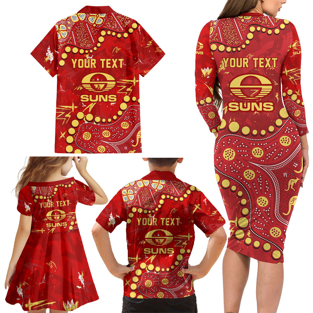 Personalized Gold Coast Suns Family Matching Long Sleeve Bodycon Dress and Hawaiian Shirt Aboriginal Pattern with Graffiti Style