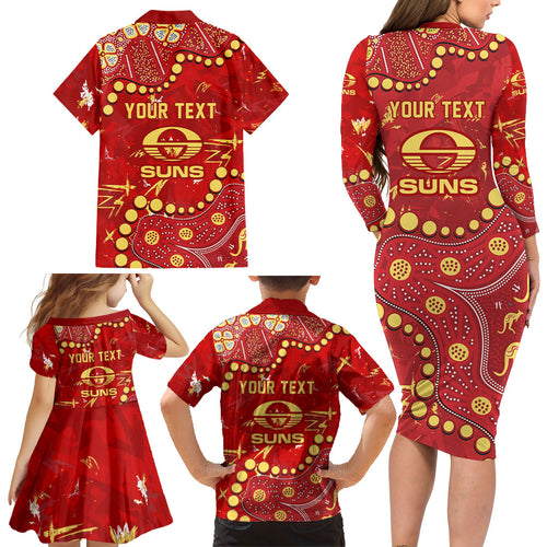 Personalized Gold Coast Suns Family Matching Long Sleeve Bodycon Dress and Hawaiian Shirt Aboriginal Pattern with Graffiti Style