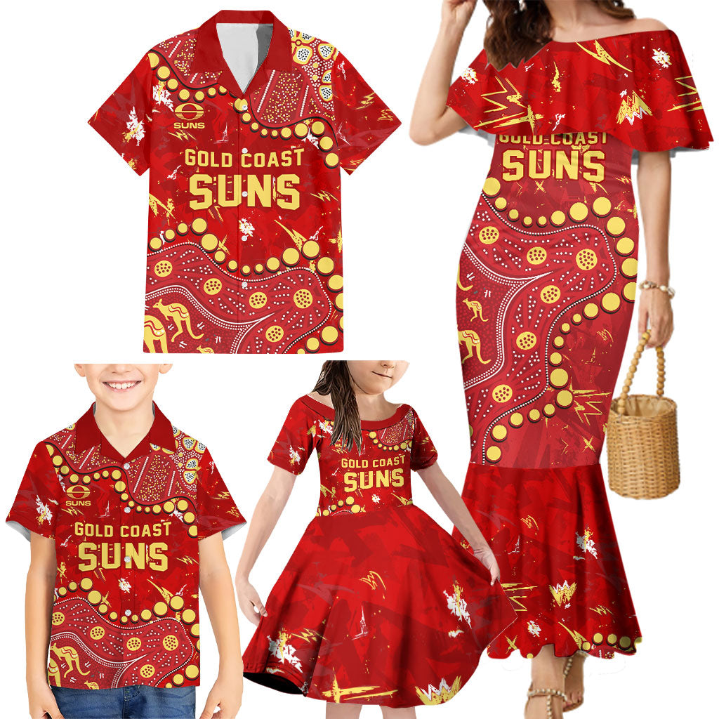Personalized Gold Coast Suns Family Matching Mermaid Dress and Hawaiian Shirt Aboriginal Pattern with Graffiti Style