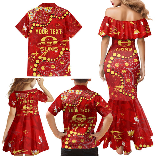 Personalized Gold Coast Suns Family Matching Mermaid Dress and Hawaiian Shirt Aboriginal Pattern with Graffiti Style