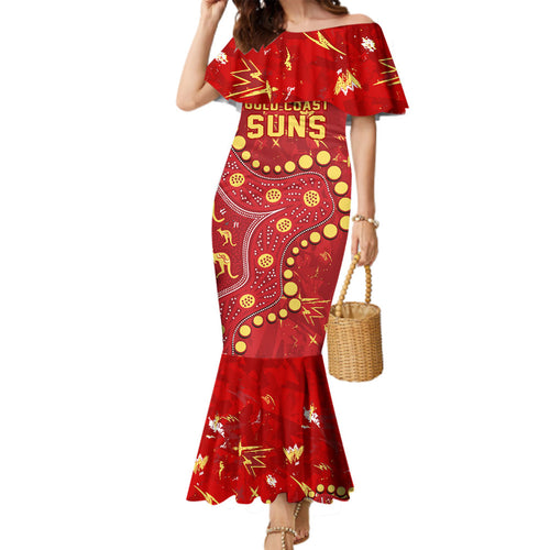 Personalized Gold Coast Suns Family Matching Mermaid Dress and Hawaiian Shirt Aboriginal Pattern with Graffiti Style