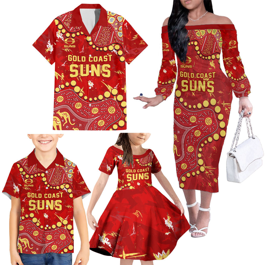 Personalized Gold Coast Suns Family Matching Off The Shoulder Long Sleeve Dress and Hawaiian Shirt Aboriginal Pattern with Graffiti Style