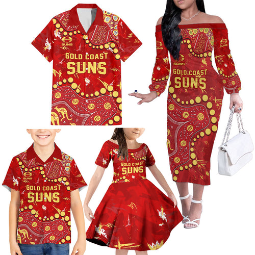 Personalized Gold Coast Suns Family Matching Off The Shoulder Long Sleeve Dress and Hawaiian Shirt Aboriginal Pattern with Graffiti Style