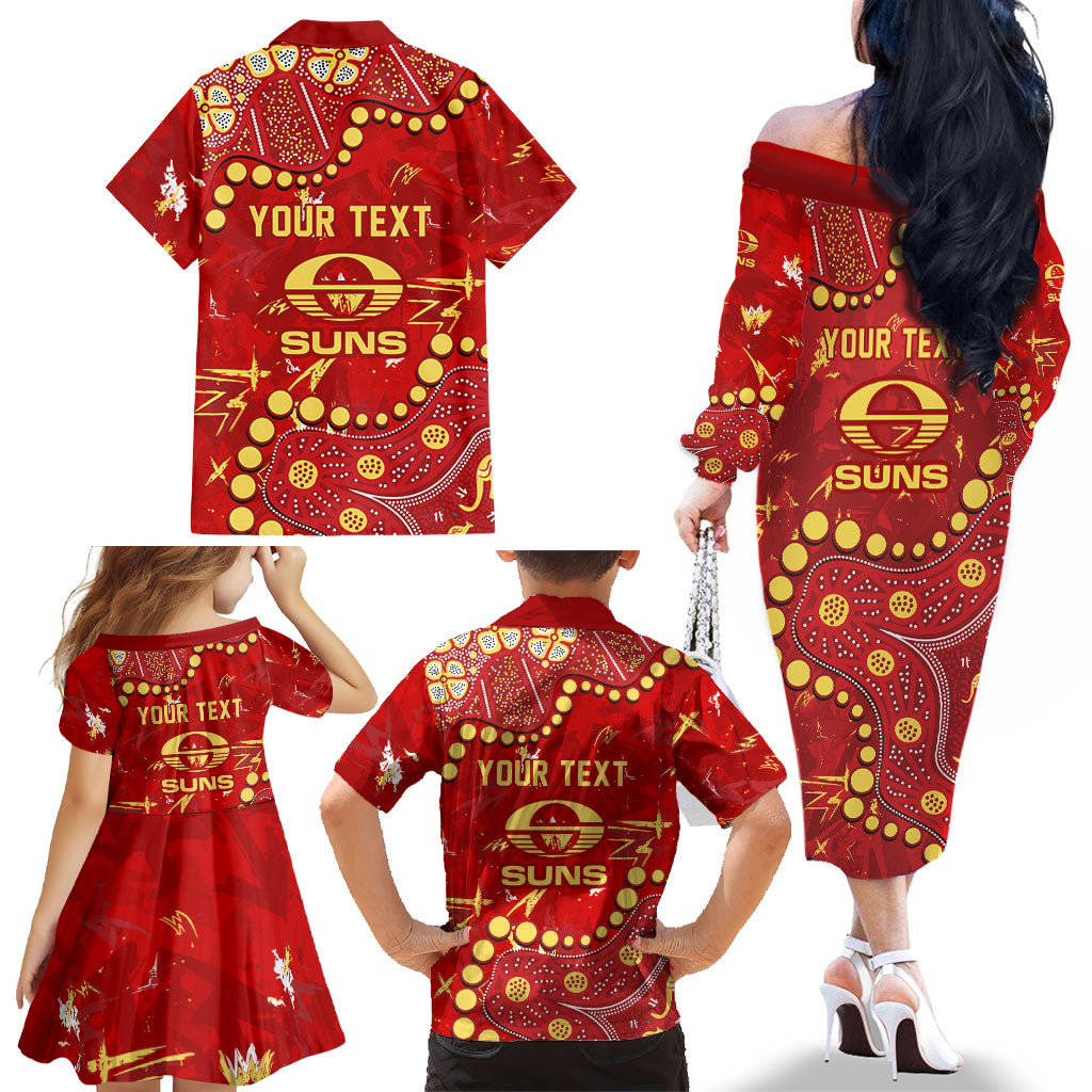 Personalized Gold Coast Suns Family Matching Off The Shoulder Long Sleeve Dress and Hawaiian Shirt Aboriginal Pattern with Graffiti Style