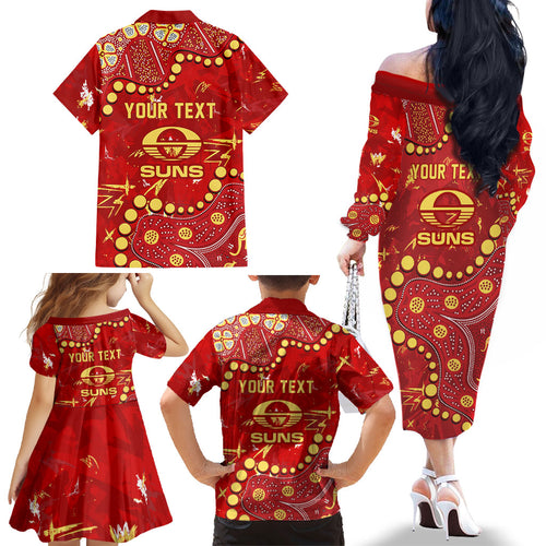 Personalized Gold Coast Suns Family Matching Off The Shoulder Long Sleeve Dress and Hawaiian Shirt Aboriginal Pattern with Graffiti Style