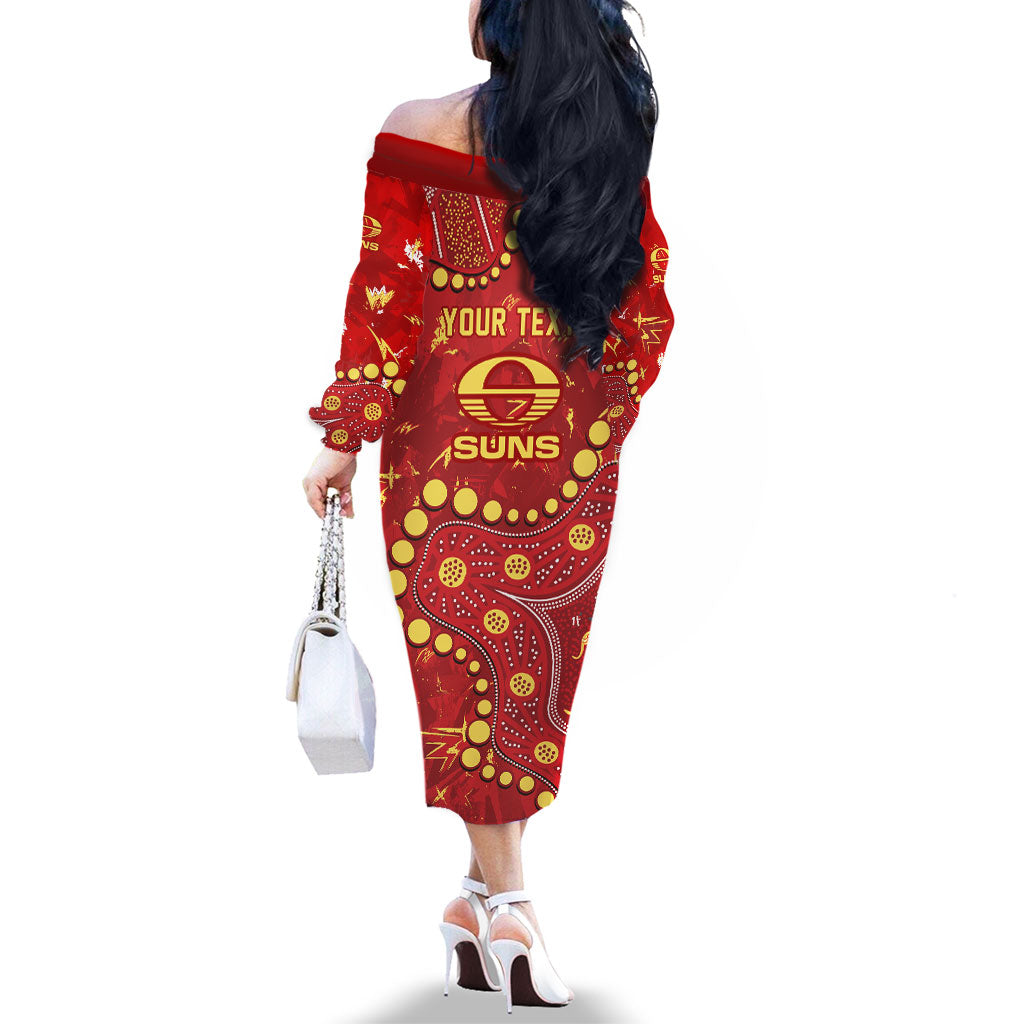 Personalized Gold Coast Suns Family Matching Off The Shoulder Long Sleeve Dress and Hawaiian Shirt Aboriginal Pattern with Graffiti Style