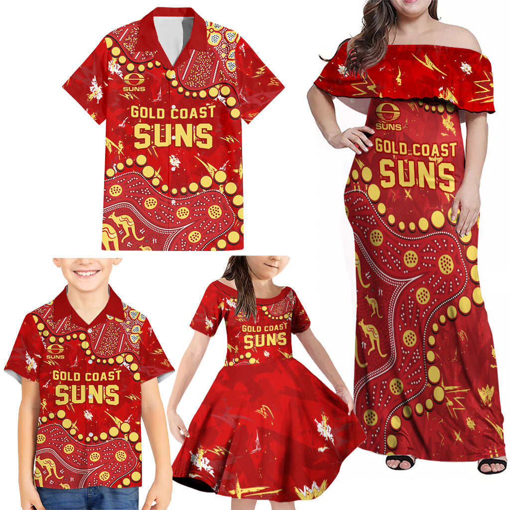 Personalized Gold Coast Suns Family Matching Off Shoulder Maxi Dress and Hawaiian Shirt Aboriginal Pattern with Graffiti Style