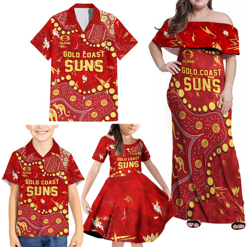 Personalized Gold Coast Suns Family Matching Off Shoulder Maxi Dress and Hawaiian Shirt Aboriginal Pattern with Graffiti Style
