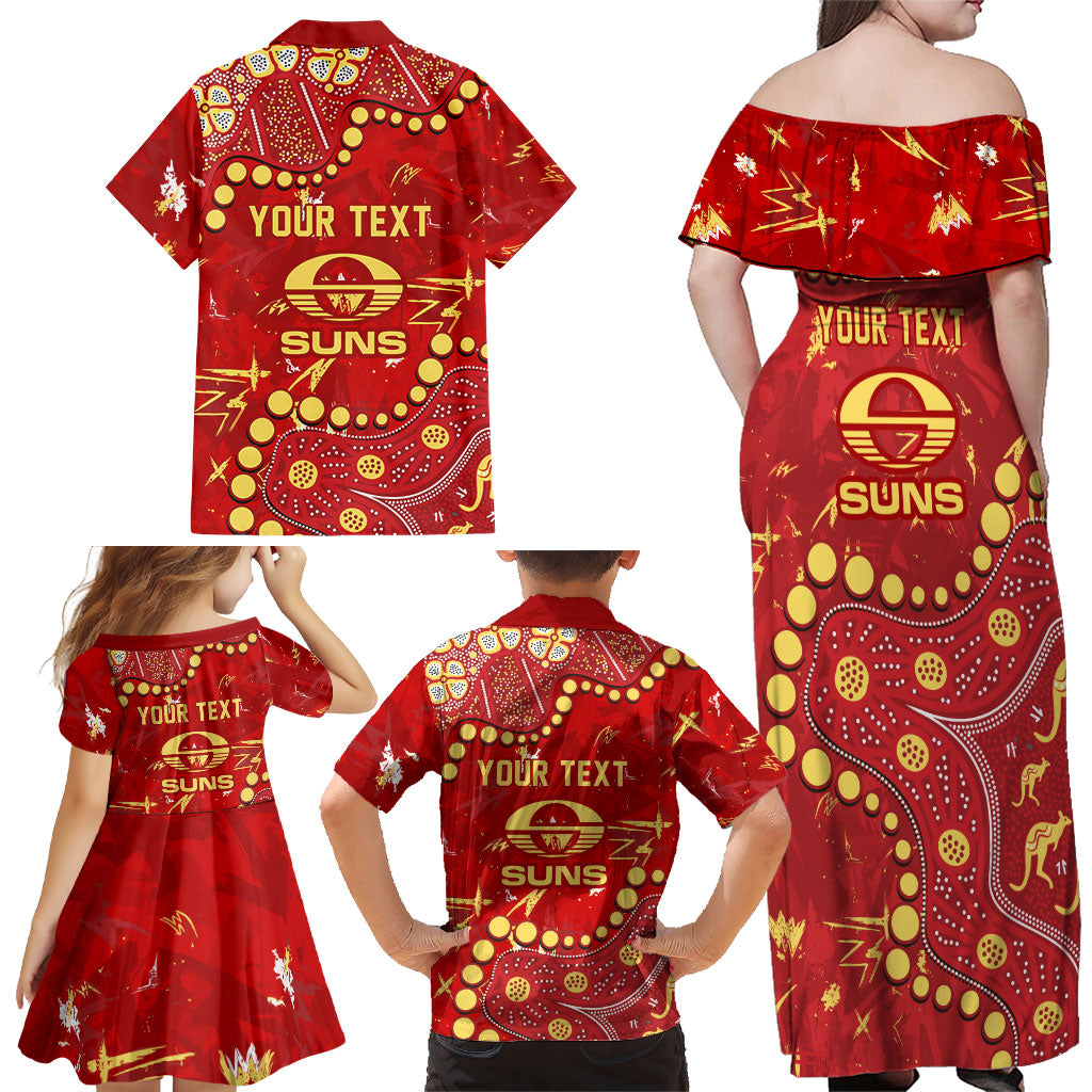 Personalized Gold Coast Suns Family Matching Off Shoulder Maxi Dress and Hawaiian Shirt Aboriginal Pattern with Graffiti Style