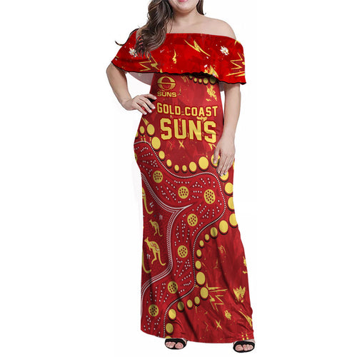 Personalized Gold Coast Suns Family Matching Off Shoulder Maxi Dress and Hawaiian Shirt Aboriginal Pattern with Graffiti Style